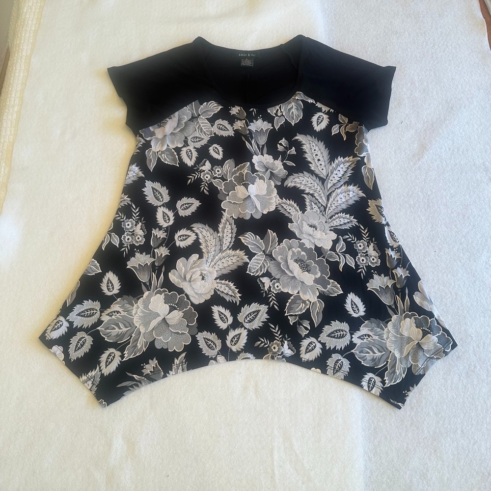 Adele May Floral Top Womens Size S Black Gray Asymmetrical Short Sleeve Unique